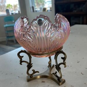 Fenton Iridescent Pink Carnival Glass Tulip Bowl with Brass Stand